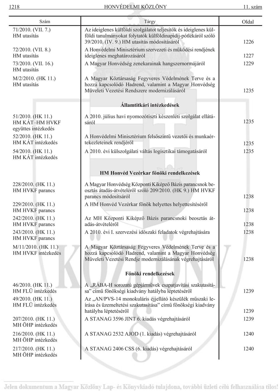 ) HM utasítás módosításáról 1226 A Honvédelmi Minisztérium szervezeti és mûködési rendjének ideiglenes meghatározásáról 1227 A Magyar Honvédség zenekarainak hangszernormájáról 1229 A Magyar