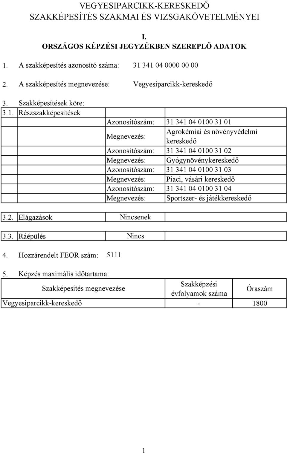 Hozzárendelt FEOR szám: Azonosítószám: 31 341 04 0100 31 01 Megnevezés: Agrokémiai és növényvédelmi kereskedő Azonosítószám: 31 341 04 0100 31 02 Megnevezés: Gyógynövénykereskedő Azonosítószám: 31