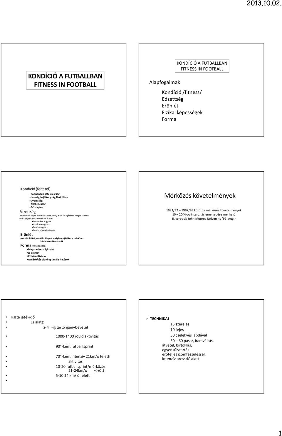 fizikai Dinamikus gyors Ismételten gyors Tartósan gyors Tartós követelményeit Erőnlét Aktuális fizikai,mentális állapot, melyben a játékos a mérkőzés közben tevékenykedik Forma (diszpozíció) Magas