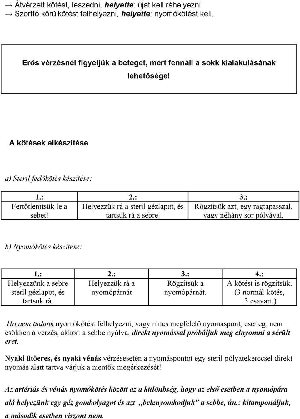 : Helyezzük rá a steril gézlapot, és tartsuk rá a sebre. Fertőtlenítsük le a sebet! Rögzítsük azt, egy ragtapasszal, vagy néhány sor pólyával. b) Nyomókötés készítése: 1.: 2.: 3.: 4.