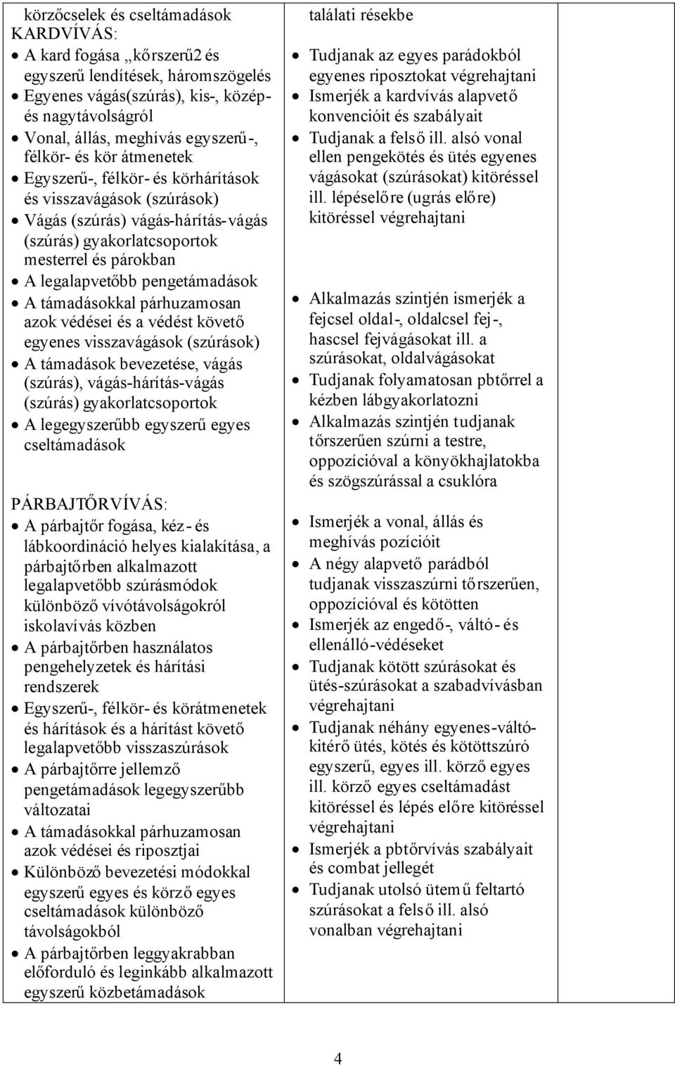 támadásokkal párhuzamosan azok védései és a védést követő egyenes visszavágások (szúrások) A támadások bevezetése, vágás (szúrás), vágás-hárítás-vágás (szúrás) gyakorlatcsoportok A legegyszerűbb