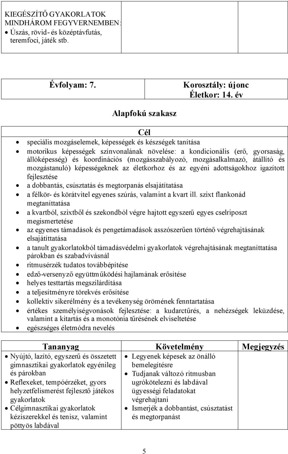 (mozgásszabályozó, mozgásalkalmazó, átállító és mozgástanuló) képességeknek az életkorhoz és az egyéni adottságokhoz igazított fejlesztése a dobbantás, csúsztatás és megtorpanás elsajátítatása a