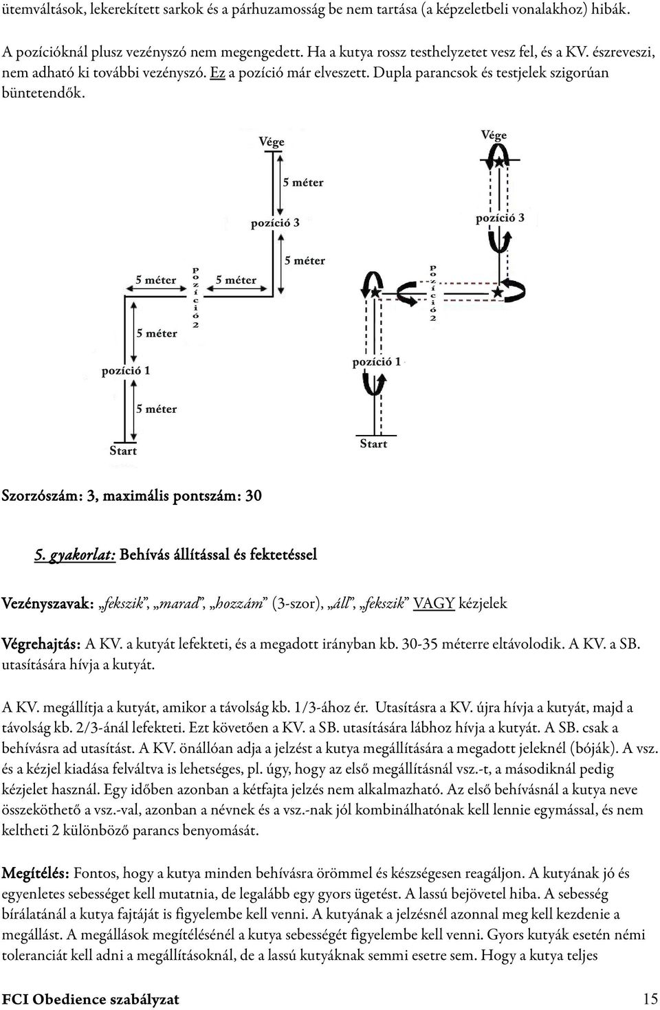 gyakorlat : Behívás állítással és fektetéssel Vezényszavak: fekszik, marad, hozzám (3-szor), áll, fekszik VAGY kézjelek Végrehajtás: A KV. a kutyát lefekteti, és a megadott irányban kb.