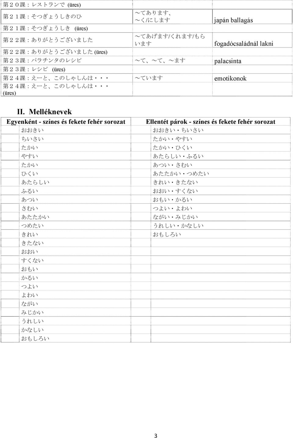 Melléknevek Egyenként - színes és fekete fehér sorozat おおきい ちいさい たかい やすい たかい ひくい あたらしい ふるい あつい さむい あたたかい つめたい きれい きたない おおい すくない おもい かるい つよい よわい ながい みじかい うれしい