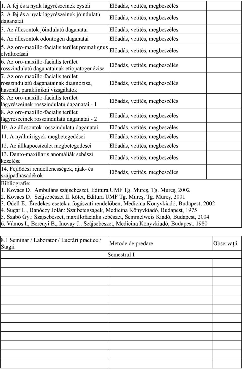 Az oro-maxillo-facialis terület premalignus Előadás, vetítés, megbeszélés elváltozásai 6. Az oro-maxillo-facialis terület Előadás, vetítés, megbeszélés rosszindulatú daganatainak etiopatogenézise 7.