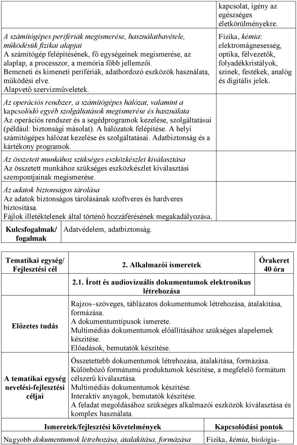 Az operációs rendszer, a számítógépes hálózat, valamint a kapcsolódó egyéb szolgáltatások megismerése és használata Az operációs rendszer és a segédprogramok kezelése, szolgáltatásai (például: