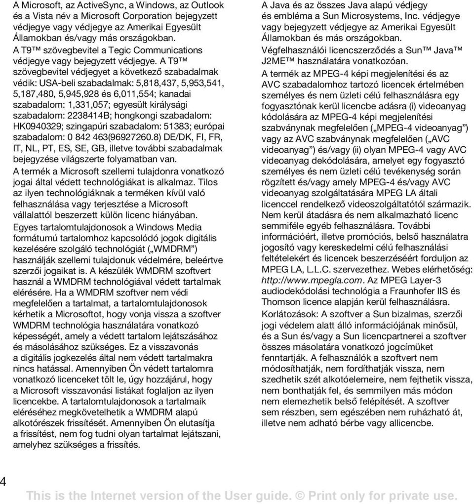 A T9 szövegbevitel védjegyet a következő szabadalmak védik: USA-beli szabadalmak: 5,818,437, 5,953,541, 5,187,480, 5,945,928 és 6,011,554; kanadai szabadalom: 1,331,057; egyesült királysági