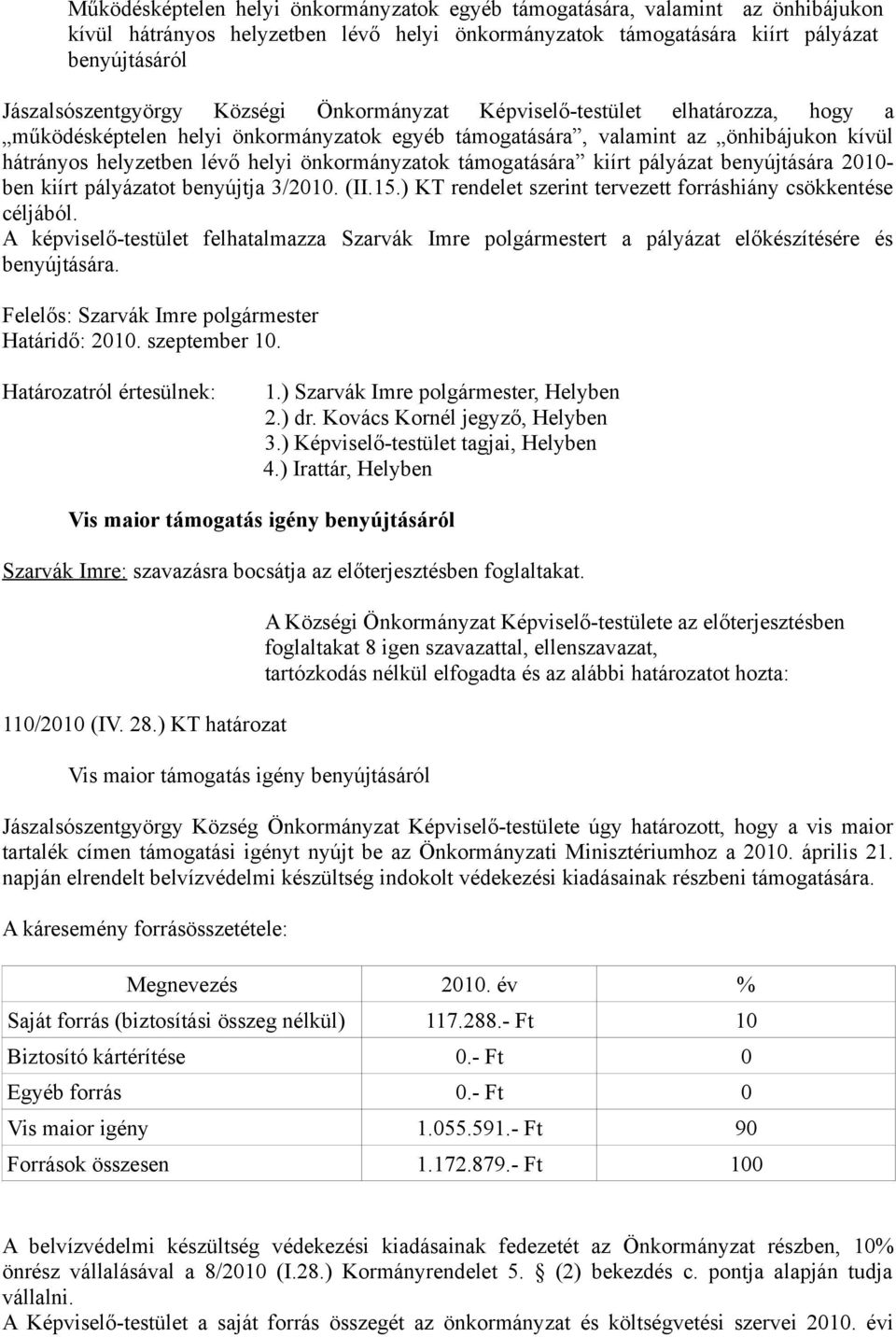 támogatására kiírt pályázat benyújtására 2010- ben kiírt pályázatot benyújtja 3/2010. (II.15.) KT rendelet szerint tervezett forráshiány csökkentése céljából.