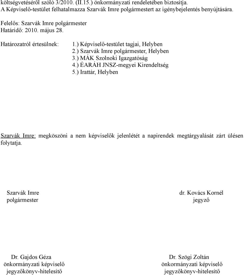 ) Képviselő-testület tagjai, Helyben 2.) Szarvák Imre polgármester, Helyben 3.) MÁK Szolnoki Igazgatóság 4.) ÉARÁH JNSZ-megyei Kirendeltség 5.