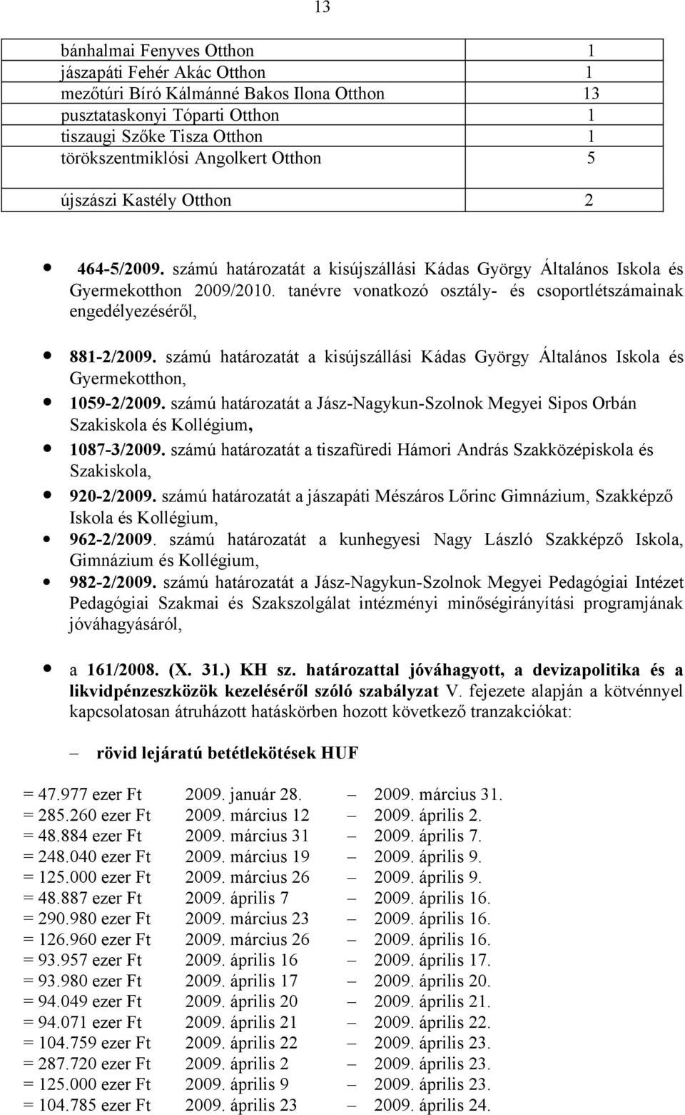 tanévre vonatkozó osztály- és csoportlétszámainak engedélyezéséről, 881-2/2009. számú határozatát a kisújszállási Kádas György Általános Iskola és Gyermekotthon, 1059-2/2009.