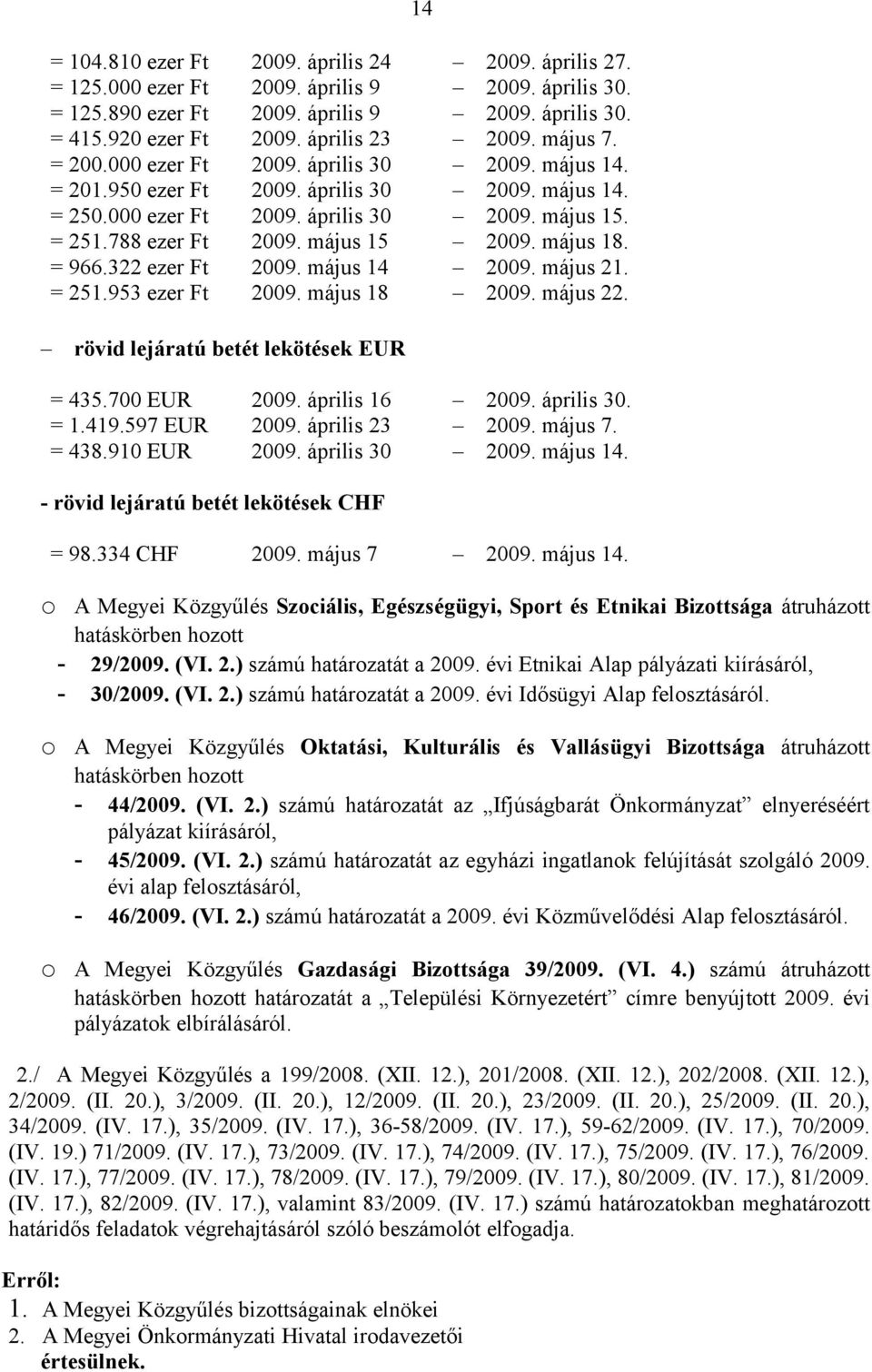 május 18. = 966.322 ezer Ft 2009. május 14 2009. május 21. = 251.953 ezer Ft 2009. május 18 2009. május 22. rövid lejáratú betét lekötések EUR = 435.700 EUR 2009. április 16 2009. április 30. = 1.419.