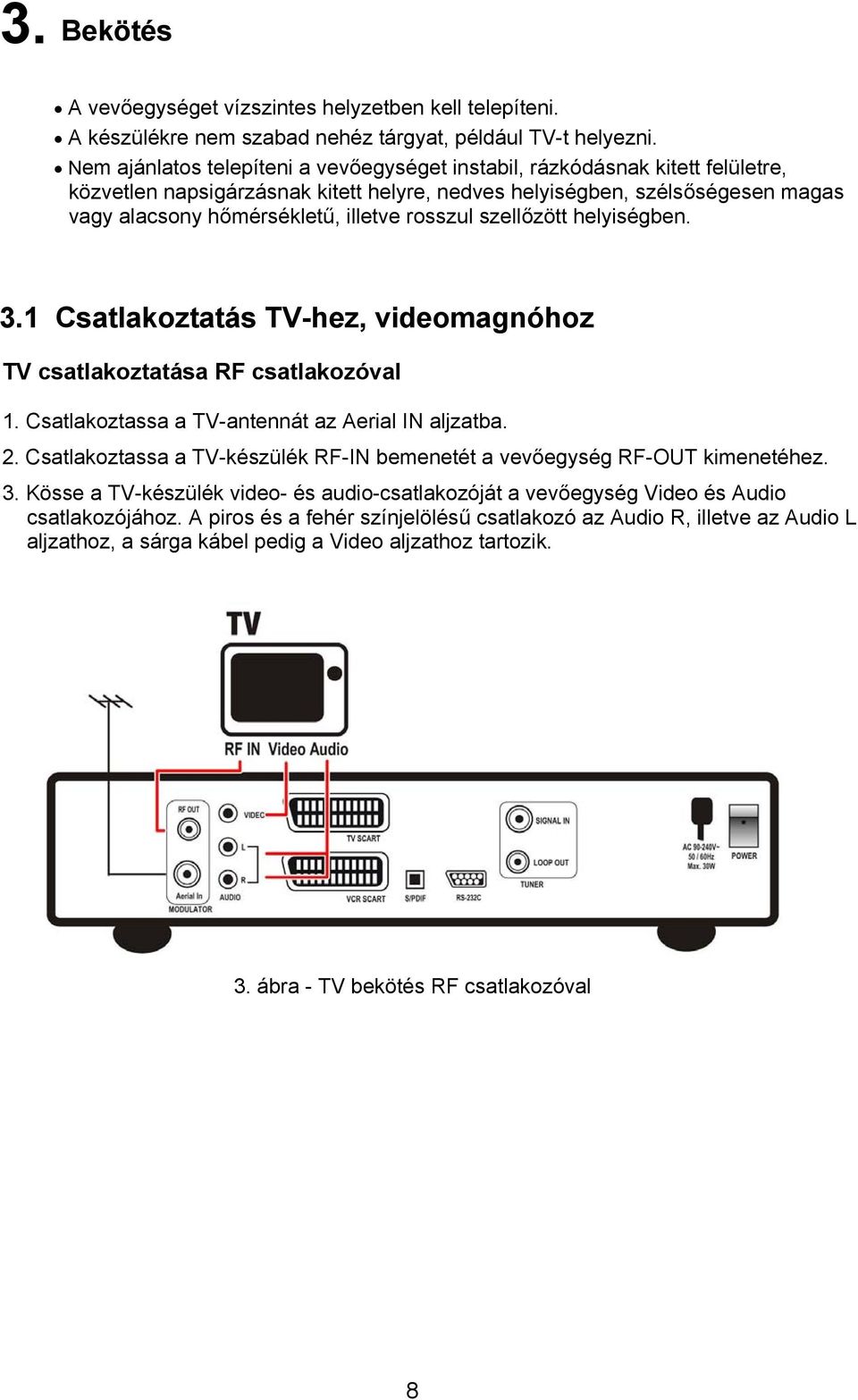 rosszul szellőzött helyiségben. 3.1 Csatlakoztatás TV-hez, videomagnóhoz TV csatlakoztatása RF csatlakozóval 1. Csatlakoztassa a TV-antennát az Aerial IN aljzatba. 2.