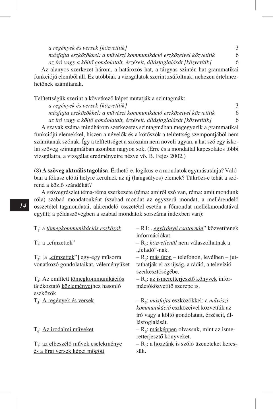 Telítettségük szerint a következõ képet mutatják a szintagmák: a regények és versek [közvetítik] 3 másfajta eszközökkel: a mûvészi kommunikáció eszközeivel közvetítik 6 az író vagy a költõ