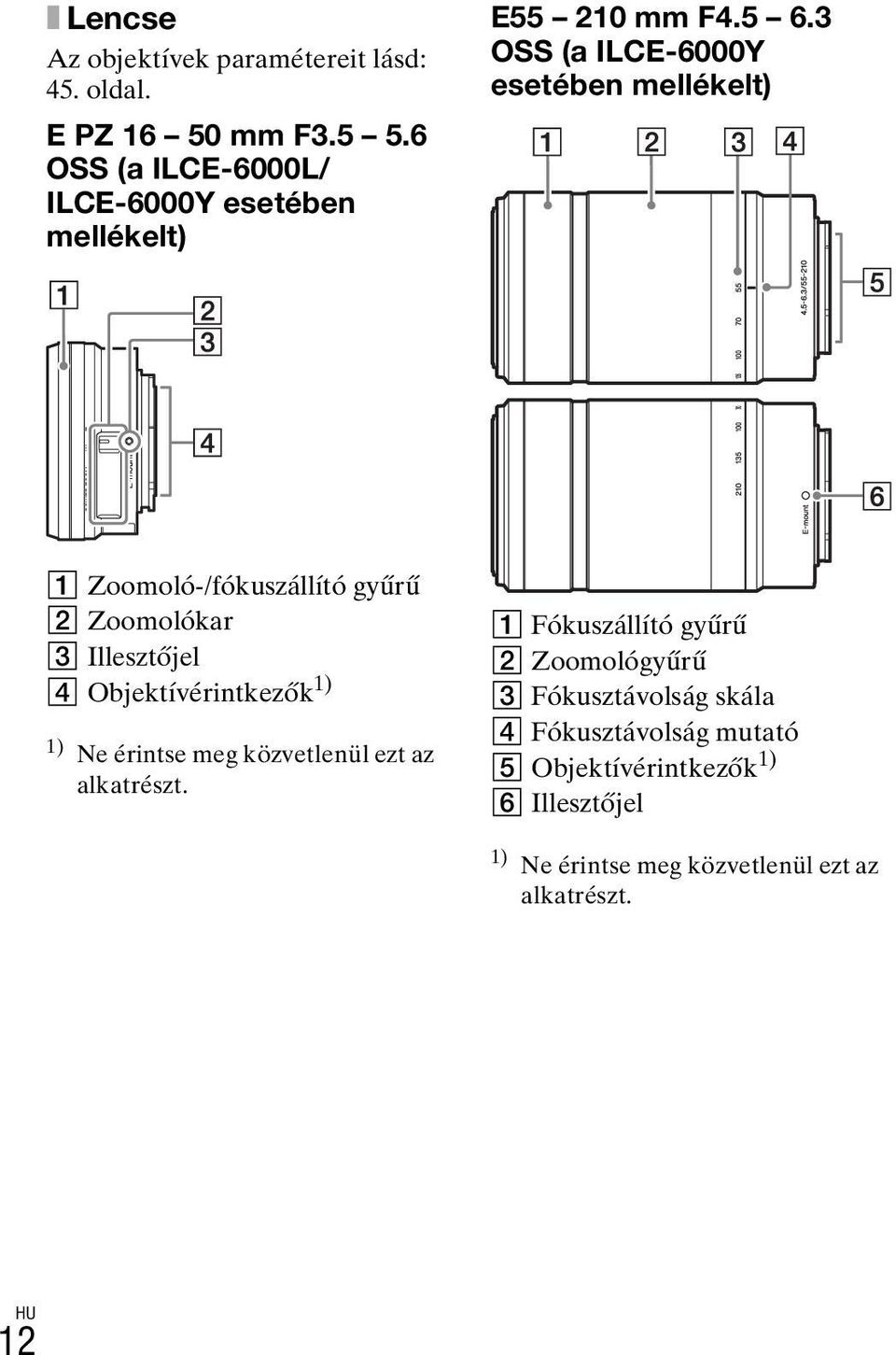 3 OSS (a ILCE-6000Y esetében mellékelt) A Zoomoló-/fókuszállító gyűrű B Zoomolókar C Illesztőjel D Objektívérintkezők 1)