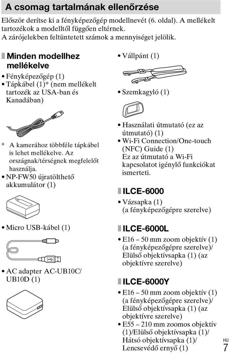 x Minden modellhez mellékelve Fényképezőgép (1) Tápkábel (1)* (nem mellékelt tartozék az USA-ban és Kanadában) Vállpánt (1) Szemkagyló (1) * A kamerához többféle tápkábel is lehet mellékelve.