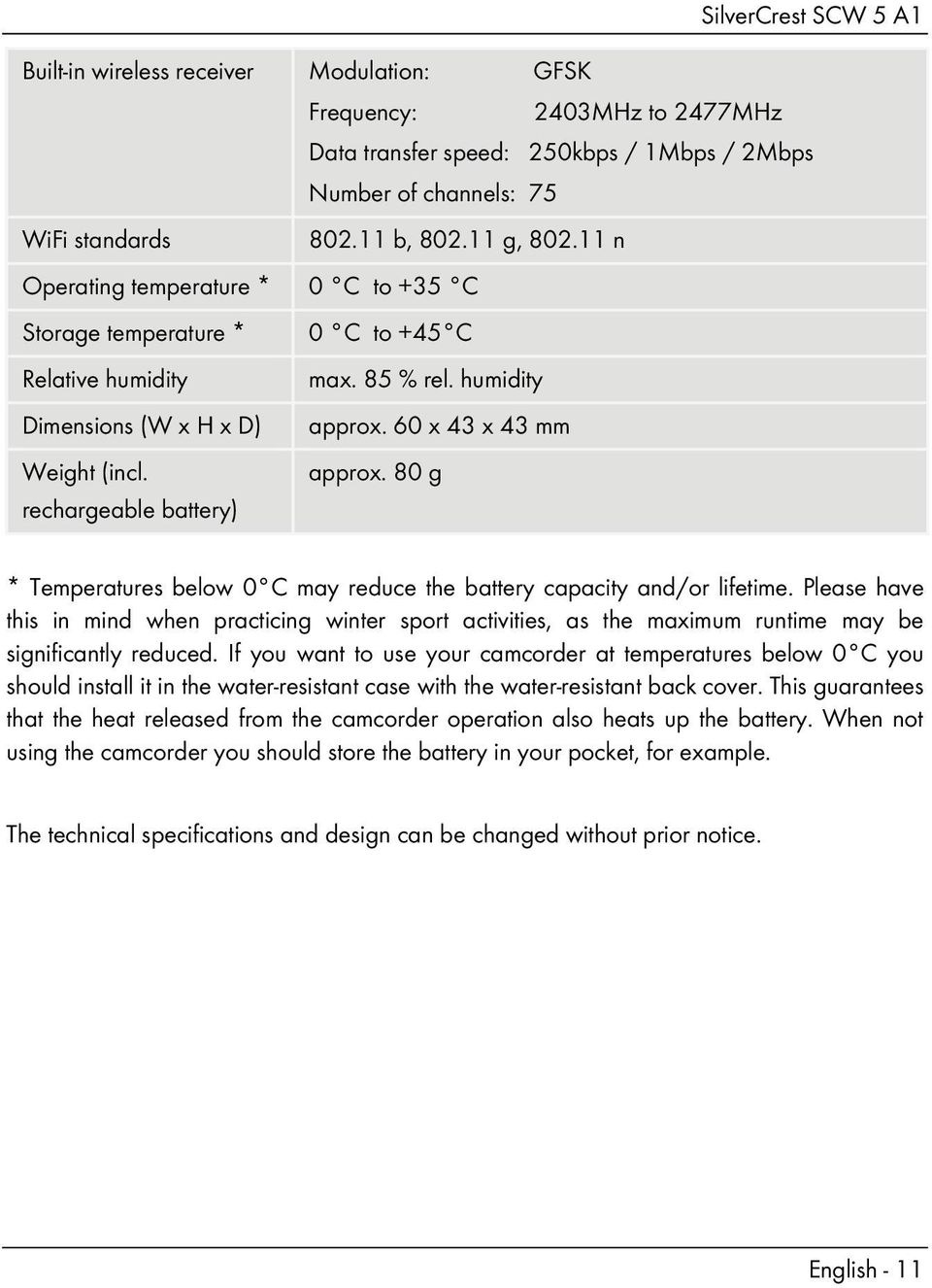 60 x 43 x 43 mm approx. 80 g * Temperatures below 0 C may reduce the battery capacity and/or lifetime.