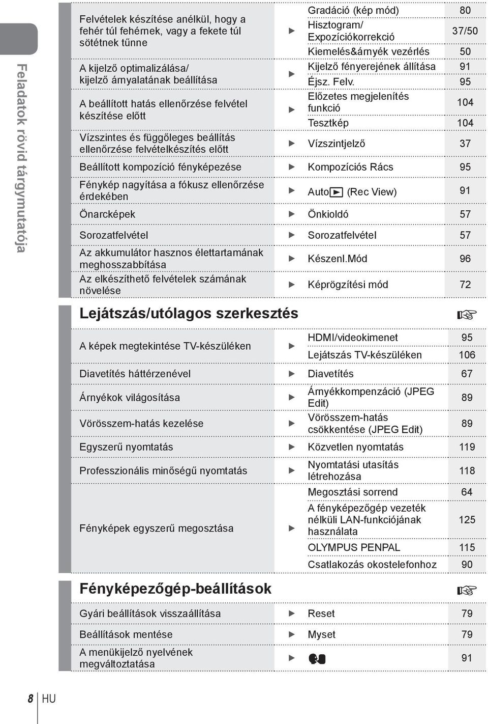 95 Előzetes megjelenítés funkció 104 Tesztkép 104 Vízszintes és függőleges beállítás ellenőrzése felvételkészítés előtt Vízszintjelző 37 Beállított kompozíció fényképezése Kompozíciós Rács 95 Fénykép