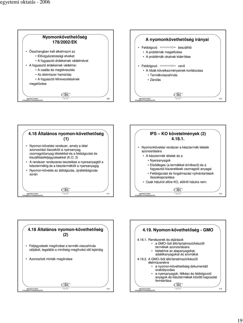 korlátozása Termékvisszahívás Zárolás 109 110 4.18 Általános nyomon-követhetőség (1) IFS KO követelmények (2) 4.18.1. Nyomon-követési rendszer, amely a tétel azonosítást összeköti a nyersanyag, csomagolóanyag tételekkel és a feldolgozási és kiszállításifeljegyzésekkel (K.