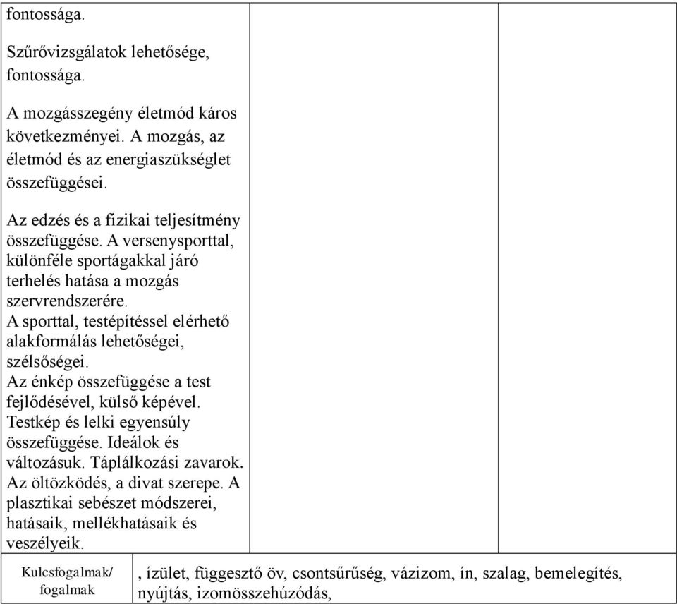 A sporttal, testépítéssel elérhető alakformálás lehetőségei, szélsőségei. Az énkép összefüggése a test fejlődésével, külső képével. Testkép és lelki egyensúly összefüggése.