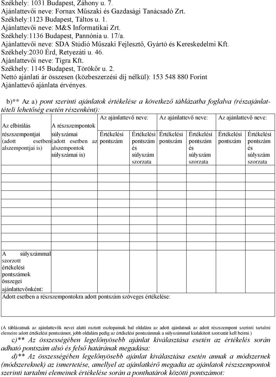 Székhely: 45 Budapest, Törökőr u.. Nettó ajánlati ár összesen (közbeszerzési díj nélkül): 53 548 880 Forint Ajánlattevő ajánlata érvényes.