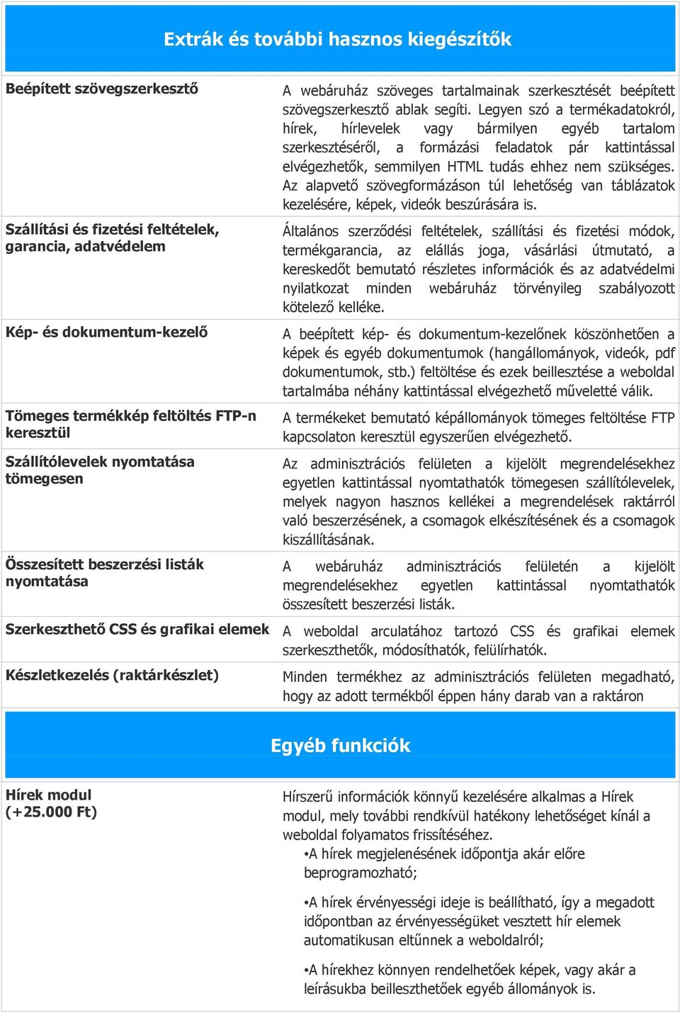 Legyen szó a termékadatokról, hírek, hírlevelek vagy bármilyen egyéb tartalom szerkesztéséről, a formázási feladatok pár kattintással elvégezhetők, semmilyen HTML tudás ehhez nem szükséges.