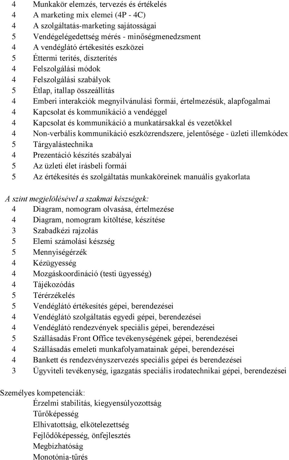 kommunikáció a vendéggel 4 Kapcsolat és kommunikáció a munkatársakkal és vezetőkkel 4 Non-verbális kommunikáció eszközrendszere, jelentősége - üzleti illemkódex 5 Tárgyalástechnika 4 Prezentáció