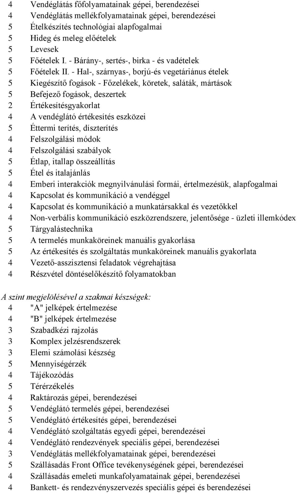 - Hal-, szárnyas-, borjú-és vegetáriánus ételek 5 Kiegészítő fogások - Főzelékek, köretek, saláták, mártások 5 efejező fogások, deszertek 2 Értékesítésgyakorlat 4 A vendéglátó értékesítés eszközei 5