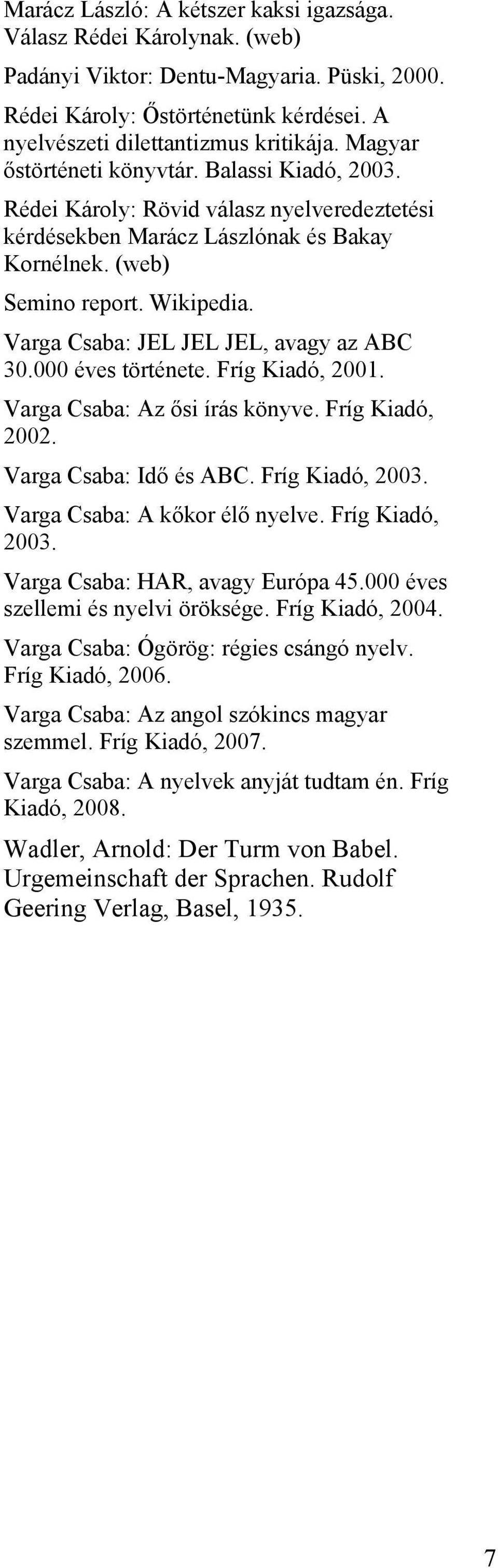 Varga Csaba: JEL JEL JEL, avagy az ABC 30.000 éves története. Fríg Kiadó, 2001. Varga Csaba: Az ősi írás könyve. Fríg Kiadó, 2002. Varga Csaba: Idő és ABC. Fríg Kiadó, 2003.