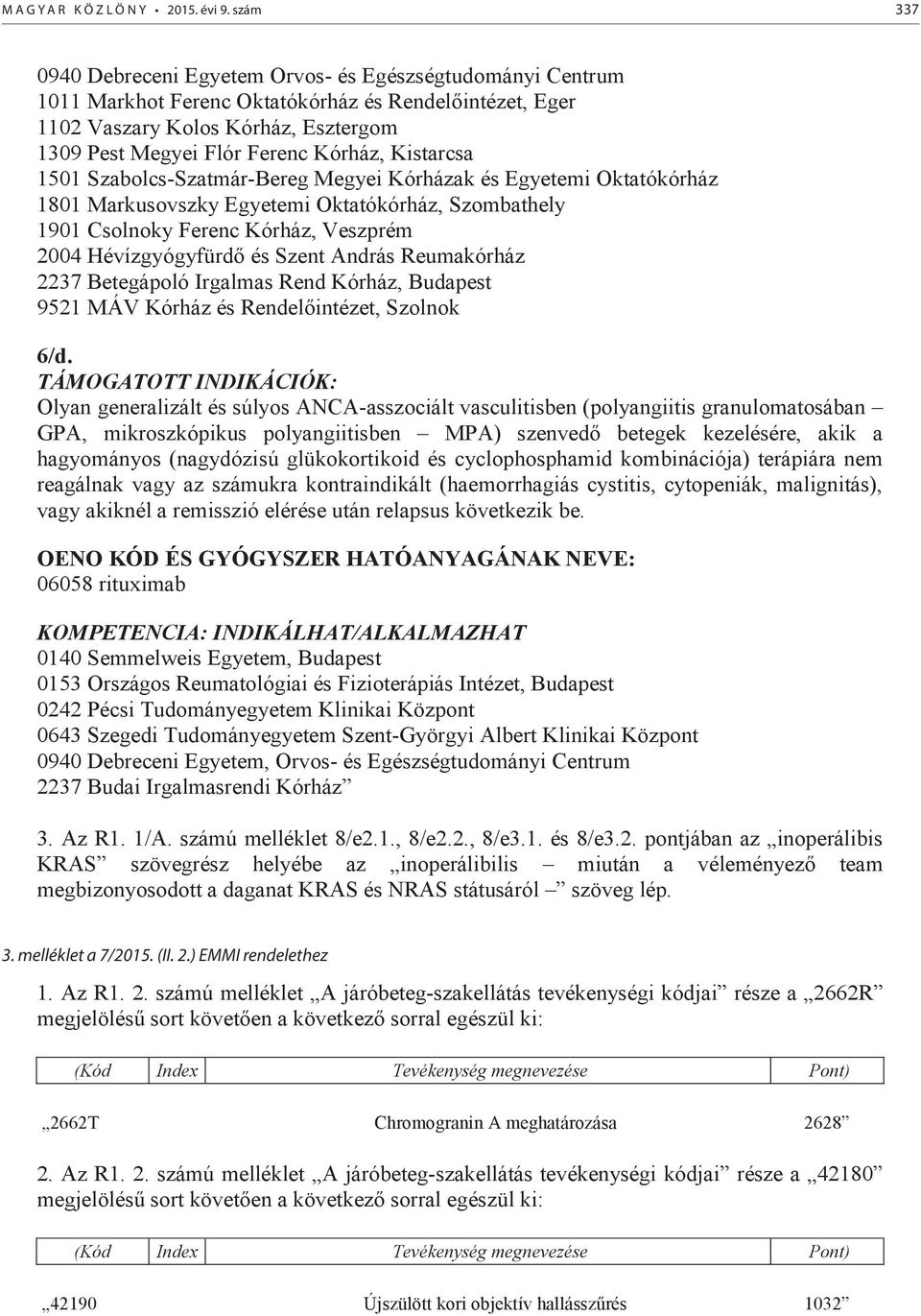 Kistarcsa 1501 Szabolcs-Szatmár-Bereg Megyei Kórházak és Egyetemi Oktatókórház 1801 Markusovszky Egyetemi Oktatókórház, Szombathely 1901 Csolnoky Ferenc Kórház, Veszprém 2004 Hévízgyógyfürdő és Szent