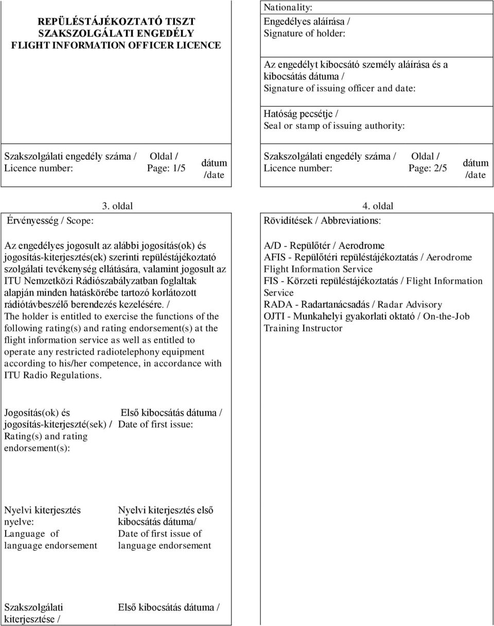 oldal Rövidítések / Abbreviations: Az engedélyes jogosult az alábbi jogosítás(ok) és jogosítás-kiterjesztés(ek) szerinti repüléstájékoztató szolgálati tevékenység ellátására, valamint jogosult az ITU