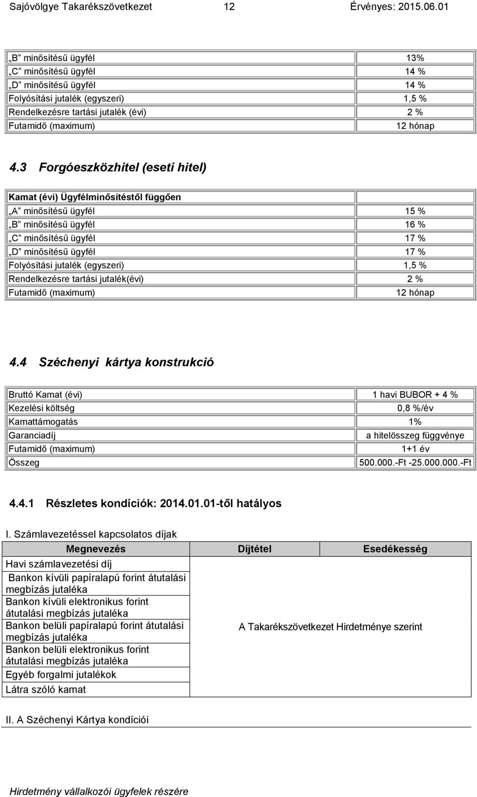 3 Forgóeszközhitel (eseti hitel) Kamat (évi) Ügyfélminősítéstől függően A minősítésű ügyfél 15 % B minősítésű ügyfél 16 % C minősítésű ügyfél 17 % D minősítésű ügyfél 17 % Folyósítási jutalék