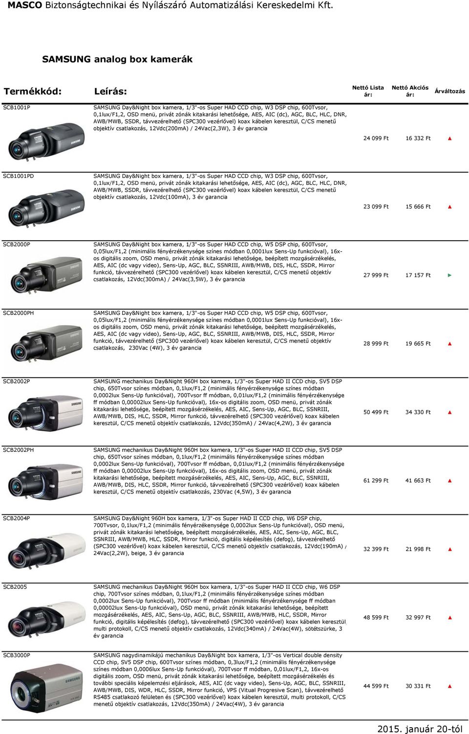 24Vac(2,3W), 3 év garancia 24 099 Ft 16 332 Ft SCB1001PD SAMSUNG Day&Night box kamera, 1/3"-os Super HAD CCD chip, W3 DSP chip, 600Tvsor, 0,1lux/F1,2, OSD menü, privát zónák kitakarási lehetősége,