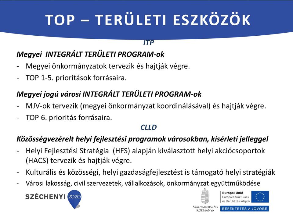 CLLD Közösségvezérelt helyi fejlesztési programok városokban, kísérleti jelleggel - Helyi Fejlesztési Stratégia (HFS) alapján kiválasztott helyi akciócsoportok