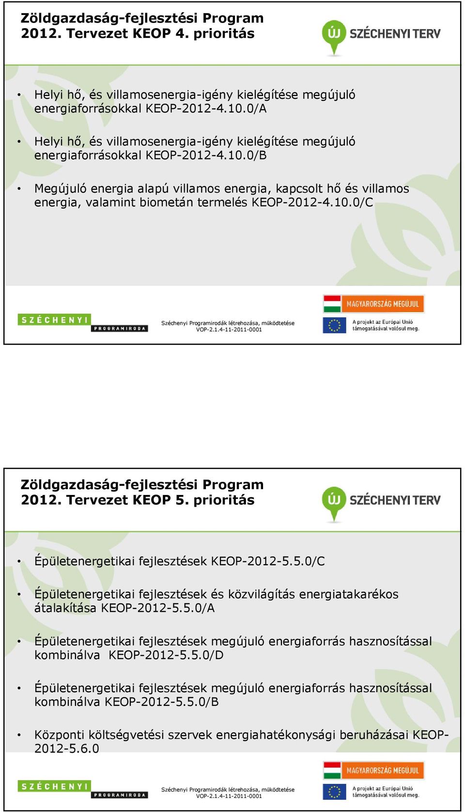 0/B Megújuló energia alapú villamos energia, kapcsolt hő és villamos energia, valamint biometán termelés KEOP-2012-4.10.0/C Széchenyi Programirodák létrehozása, működtetése VOP-2.1.4-11-2011-0001 Zöldgazdaság-fejlesztési Program 2012.