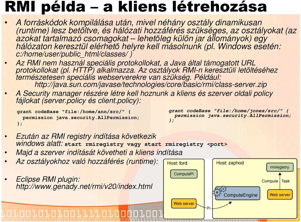 Windows esetén: c:/home/user/public_html/classes/ ) Az RMI nem használ speciális protokollokat, a Java által támogatott URL protokollokat (pl. HTTP) alkalmazza.