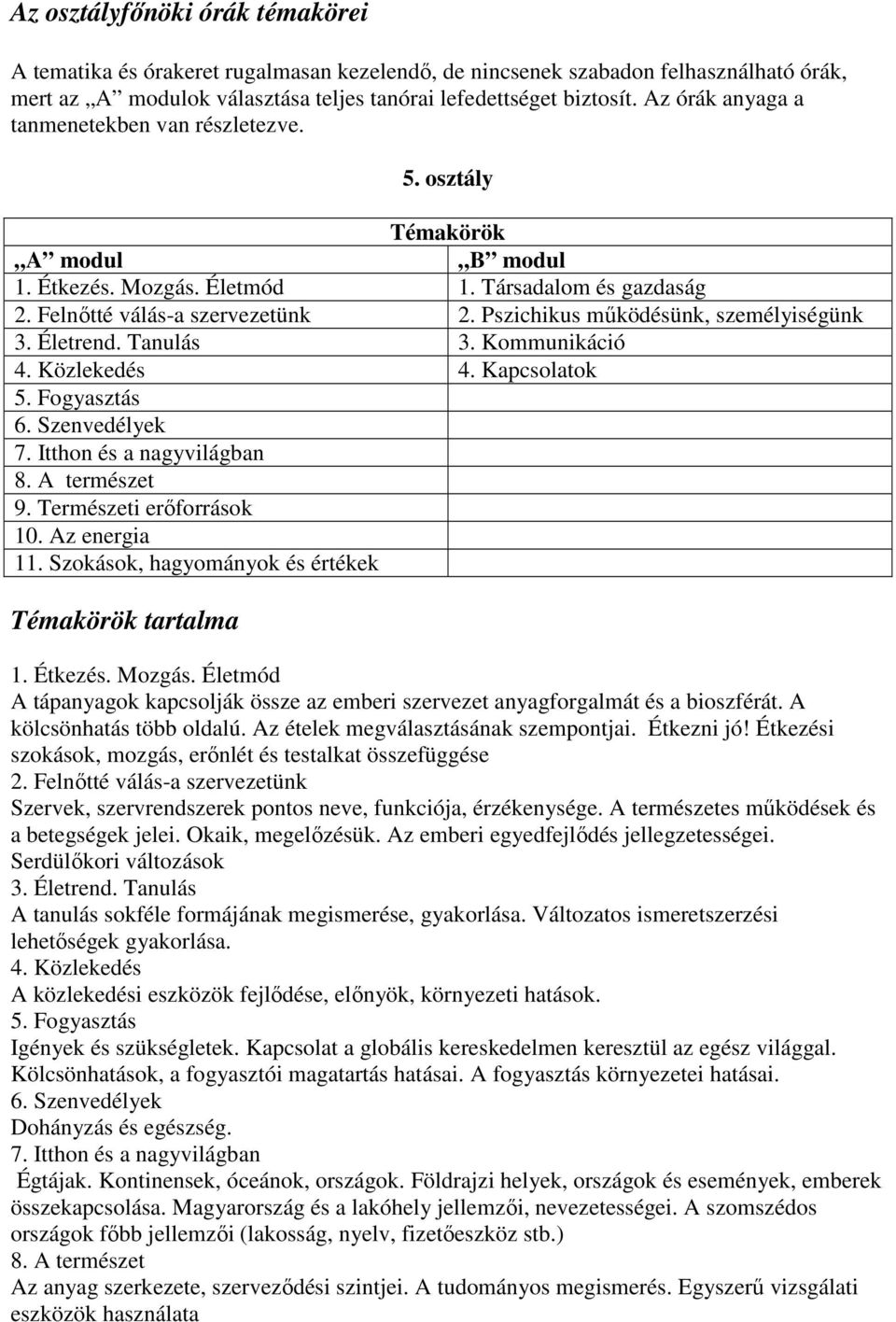 Pszichikus működésünk, személyiségünk 3. Életrend. Tanulás 3. Kommunikáció 4. Közlekedés 4. Kapcsolatok 5. Fogyasztás 6. Szenvedélyek 7. Itthon és a nagyvilágban 8. A természet 9.