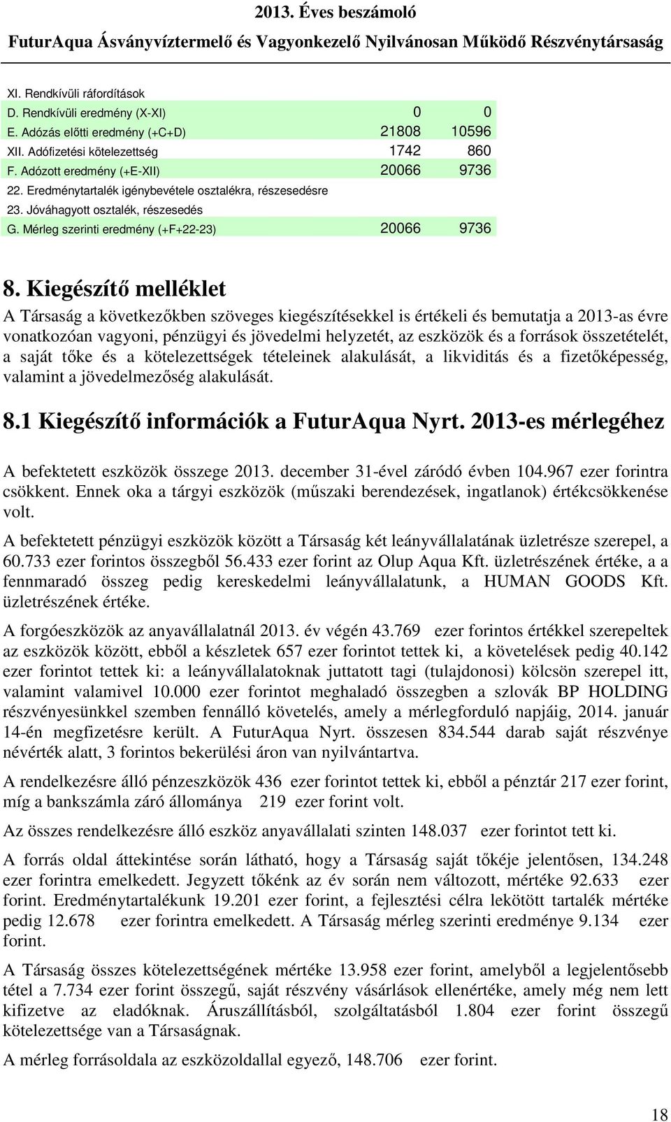 Kiegészítő melléklet A Társaság a következőkben szöveges kiegészítésekkel is értékeli és bemutatja a 2013-as évre vonatkozóan vagyoni, pénzügyi és jövedelmi helyzetét, az eszközök és a források