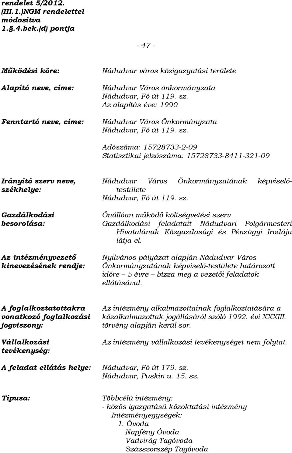 Az alapítás éve: 1990 Nádudvar Város Önkormányzata Nádudvar, Fő út 119. sz.