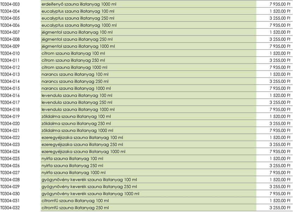 935,00 Ft T0304-010 citrom szauna illatanyag 100 ml 1 520,00 Ft T0304-011 citrom szauna illatanyag 250 ml 3 255,00 Ft T0304-012 citrom szauna illatanyag 1000 ml 7 935,00 Ft T0304-013 narancs szauna
