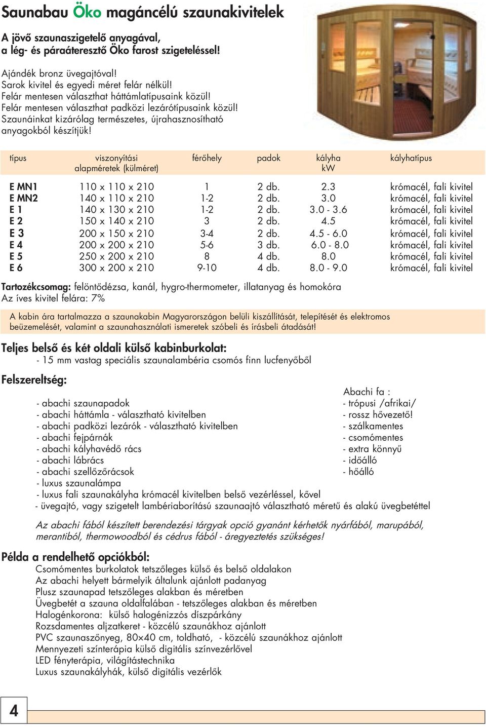 típus viszonyítási férôhely padok kályha kályhatípus alapméretek (külméret) kw E MN1 110 x 110 x 210 1 2 db. 2.3 krómacél, fali kivitel E MN2 140 x 110 x 210 1-2 2 db. 3.