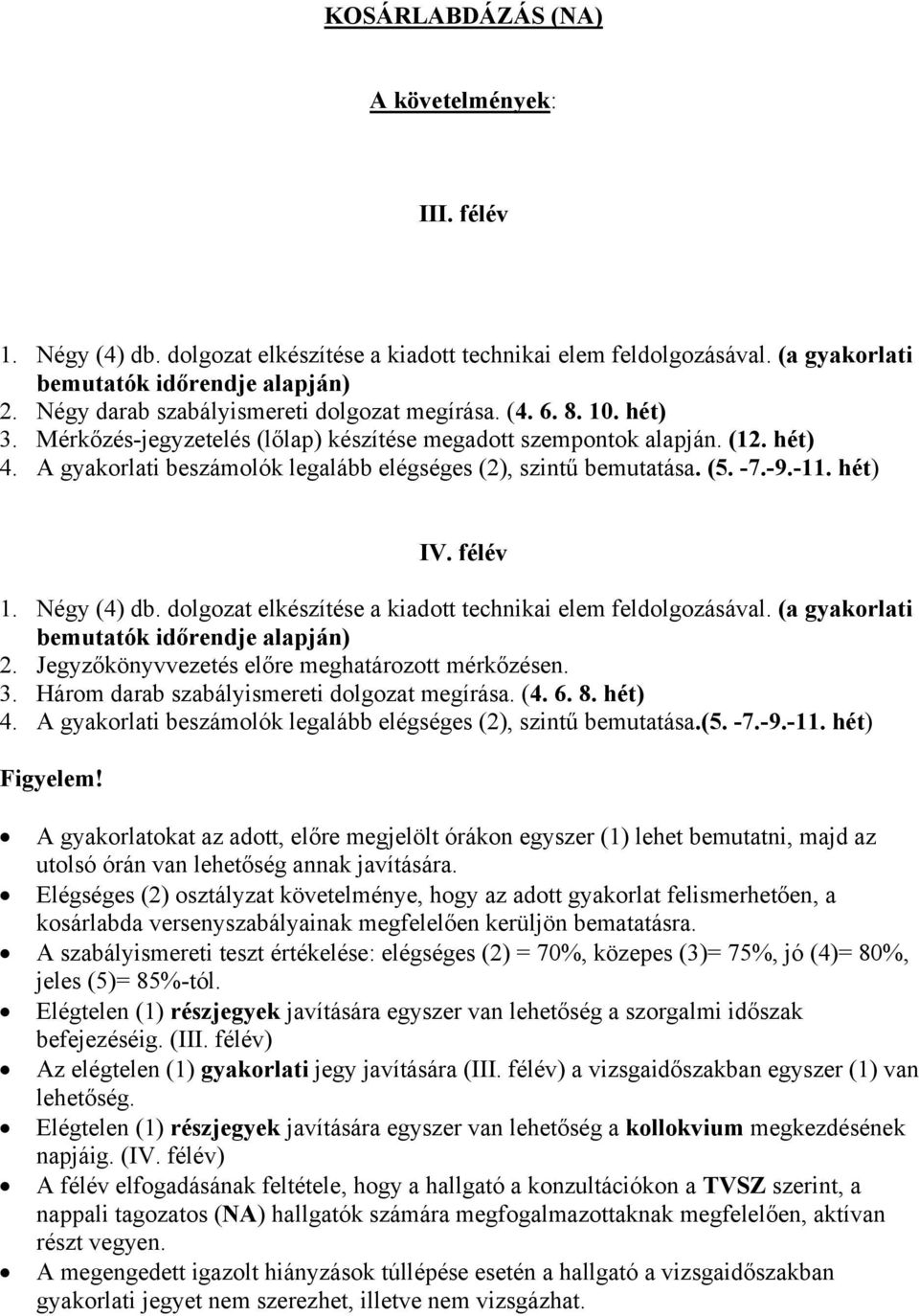 A gyakorlati beszámolók legalább elégséges (2), szintű bemutatása. (5. -7.-9.-11. hét) IV. félév 1. Négy (4) db. dolgozat elkészítése a kiadott technikai elem feldolgozásával.