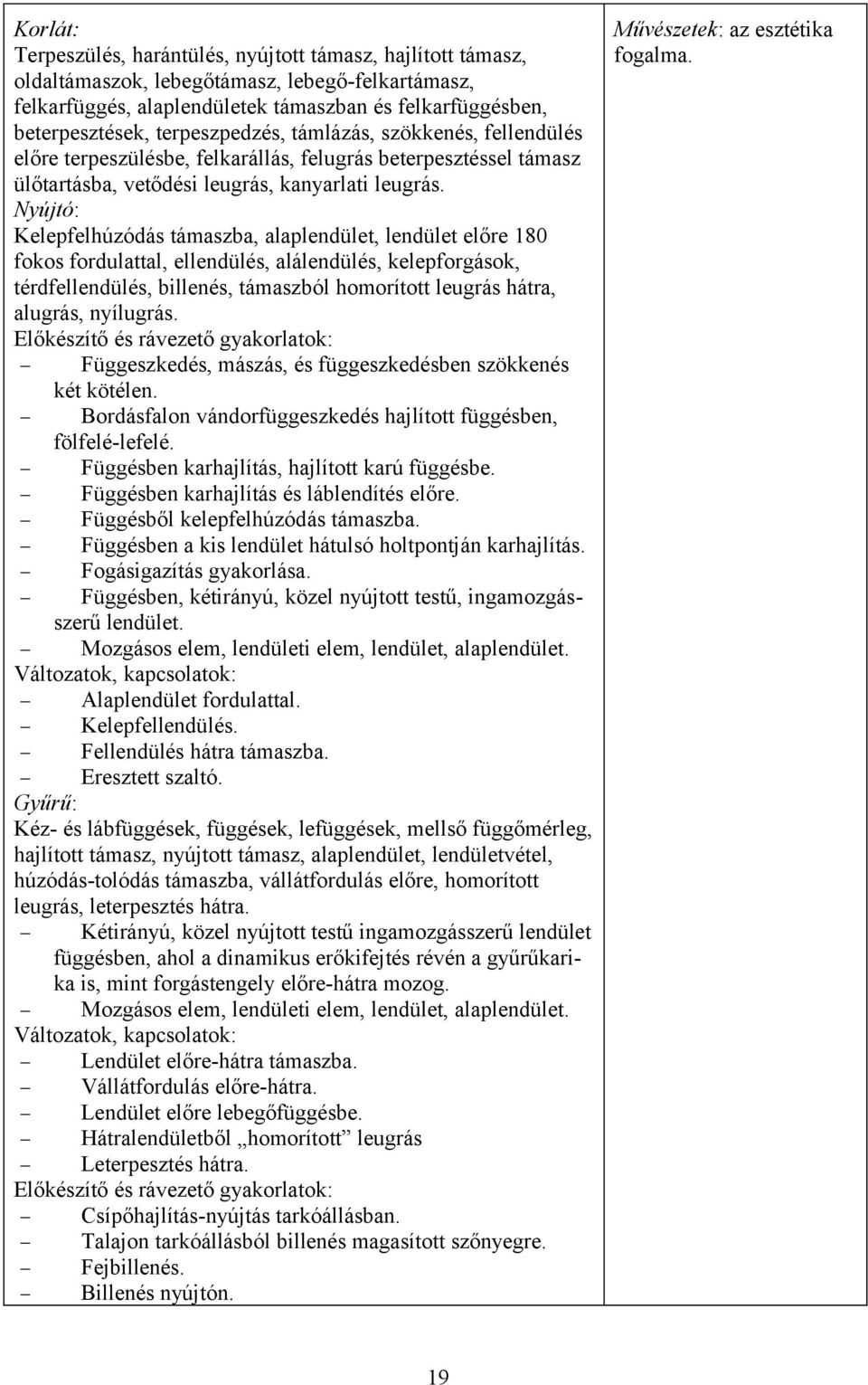 Nyújtó: Kelepfelhúzódás támaszba, alaplendület, lendület előre 180 fokos fordulattal, ellendülés, alálendülés, kelepforgások, térdfellendülés, billenés, támaszból homorított leugrás hátra, alugrás,