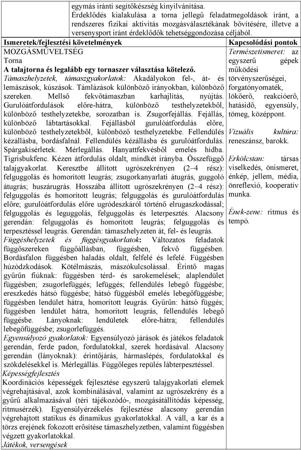 Ismeretek/fejlesztési követelmények MOZGÁSMŰVELTSÉG Torna A talajtorna és legalább egy tornaszer választása kötelező. Támaszhelyzetek, támaszgyakorlatok: Akadályokon fel-, át- és lemászások, kúszások.