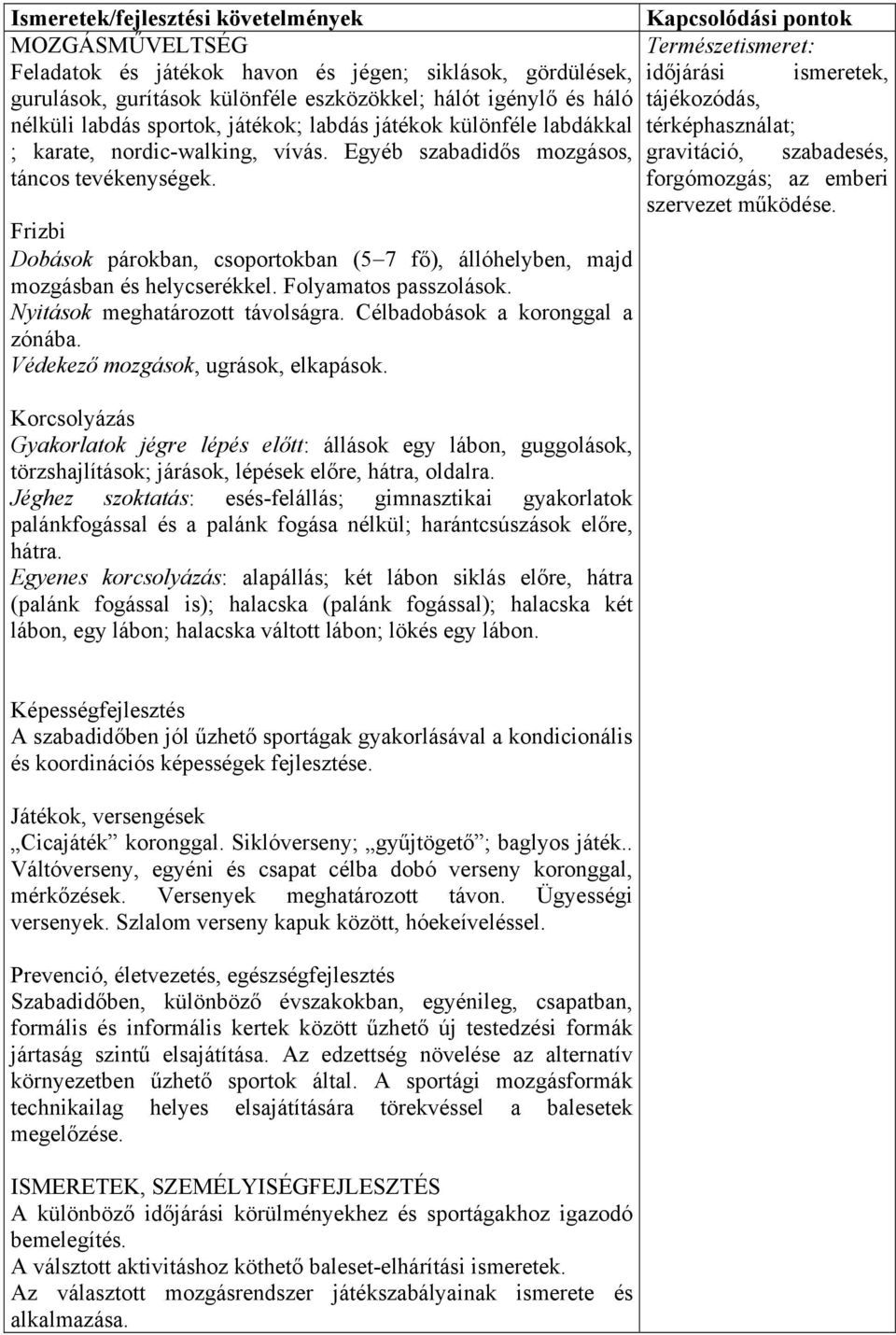 Egyéb szabadidős mozgásos, gravitáció, szabadesés, táncos tevékenységek. forgómozgás; az emberi szervezet működése.