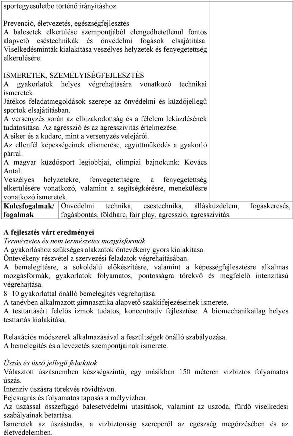 Viselkedésminták kialakítása veszélyes helyzetek és fenyegetettség elkerülésére. ISMERETEK, SZEMÉLYISÉGFEJLESZTÉS A gyakorlatok helyes végrehajtására vonatkozó technikai ismeretek.