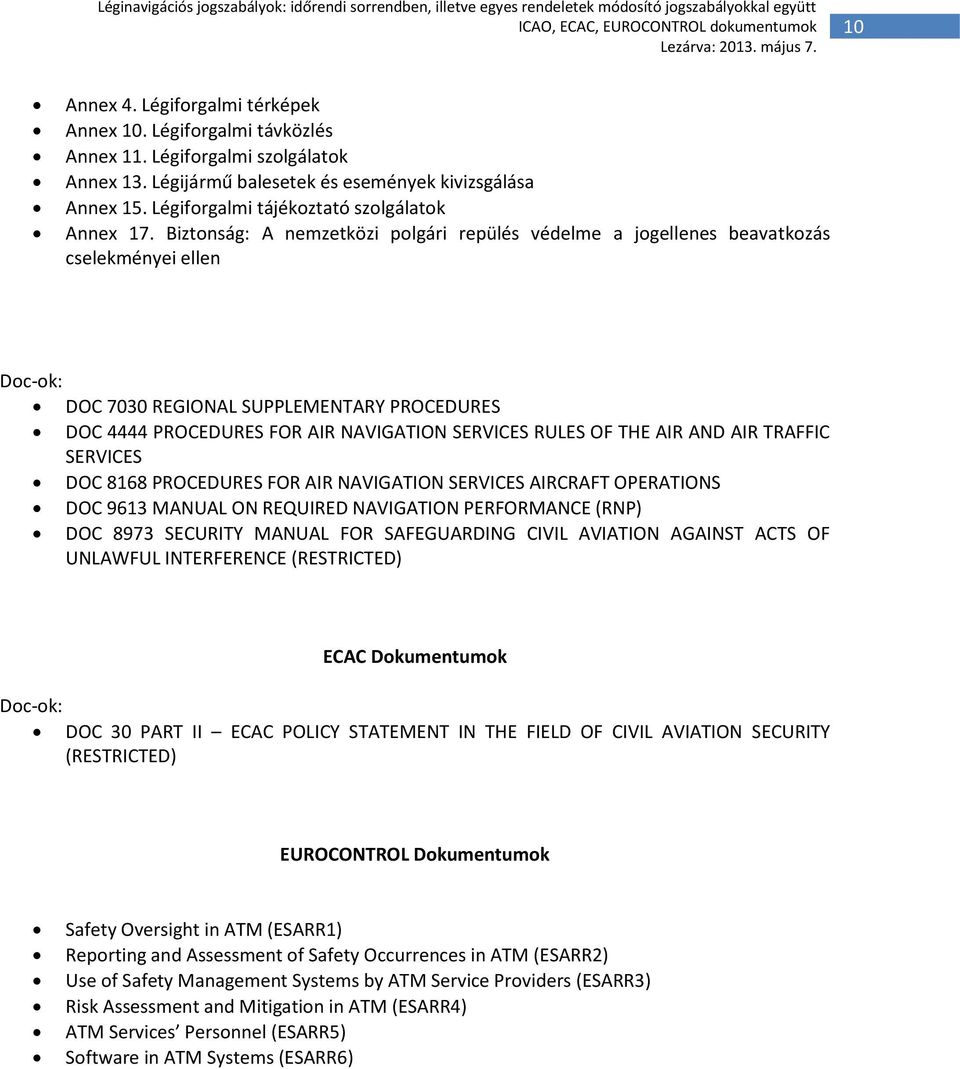 Biztonság: A nemzetközi polgári repülés védelme a jogellenes beavatkozás cselekményei ellen Doc-ok: DOC 7030 REGIONAL SUPPLEMENTARY PROCEDURES DOC 4444 PROCEDURES FOR AIR NAVIGATION SERVICES RULES OF