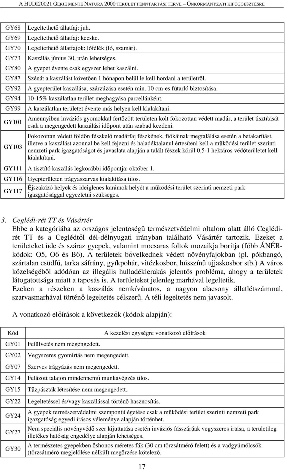 10-15% kaszálatlan terület meghagyása parcellánként. A kaszálatlan területet évente más helyen kell kialakítani.