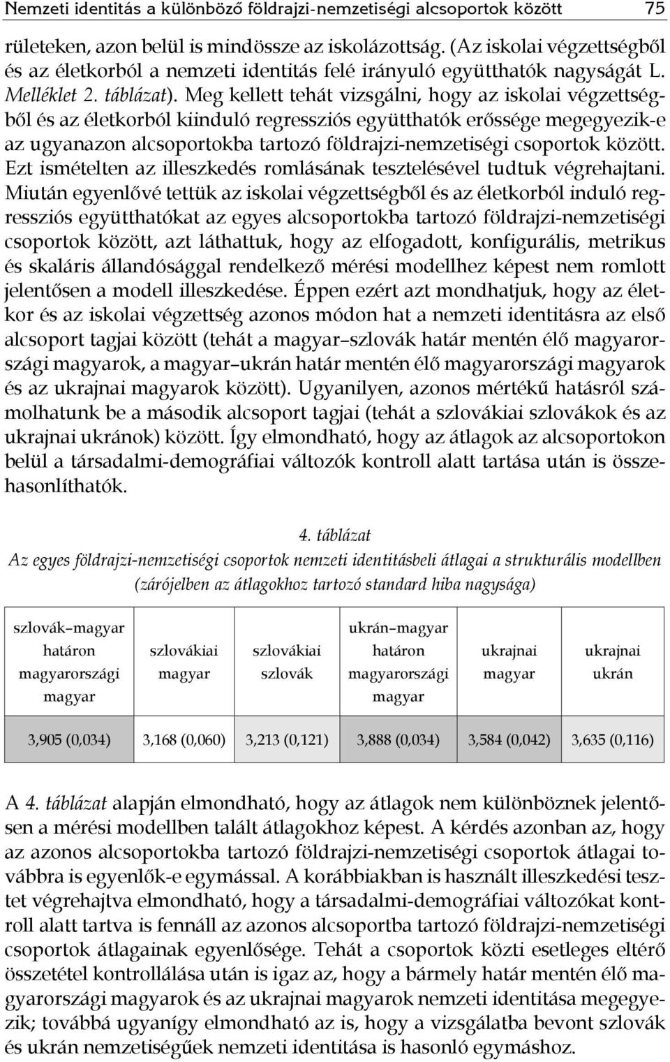 Meg kellett tehát vizsgálni, hogy az iskolai végzettségből és az életkorból kiinduló regressziós együtthatók erőssége megegyezik-e az ugyanazon alcsoportokba tartozó földrajzi-nemzetiségi csoportok