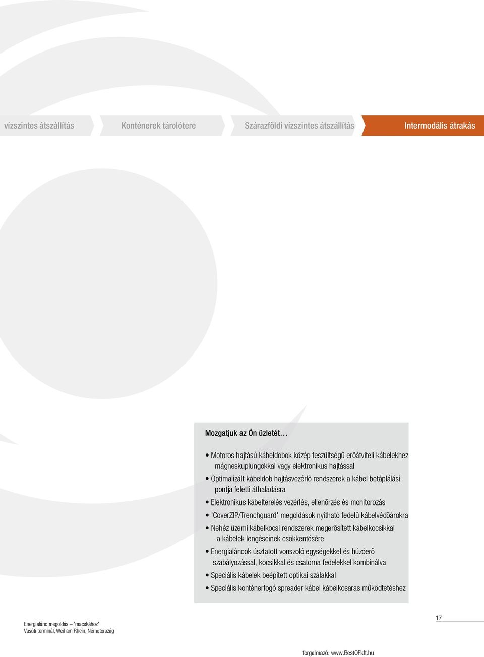 monitorozás 'CoverZIP/Trenchguard megoldások nyitható fedelû kábelvédõárokra Nehéz üzemi kábelkocsi rendszerek megerõsített kábelkocsikkal a kábelek lengéseinek csökkentésére Energialáncok úsztatott