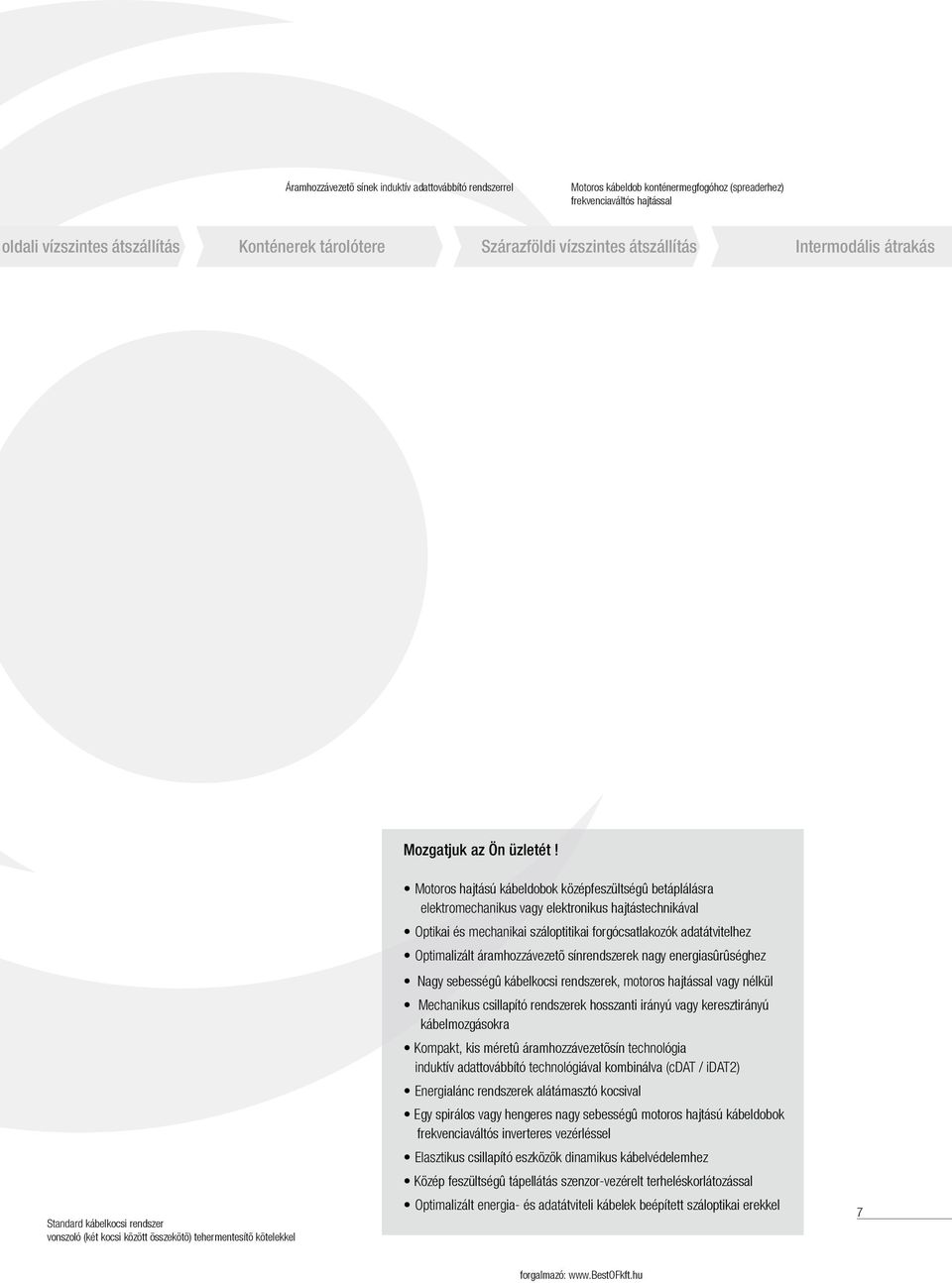 Standard kábelkocsi rendszer vonszoló (két kocsi között összekötõ) tehermentesítõ kötelekkel Motoros hajtású kábeldobok középfeszültségû betáplálásra elektromechanikus vagy elektronikus